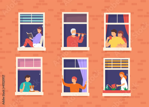 People in open window spaces home. Concept living neighbors in apartment building in big city. Neighbors drinking coffee, talking, read books and rest.