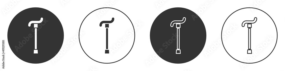 Black Walking stick cane icon isolated on white background. Circle button. Vector. Black Walking stick cane icon isolated on white background. Circle button. Vector.