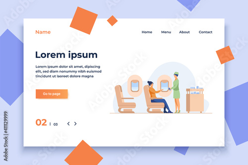 Flight attendant giving water to female passenger. Service, airplane, beverage flat vector illustration. Travelling and vacation concept for banner, website design or landing web page