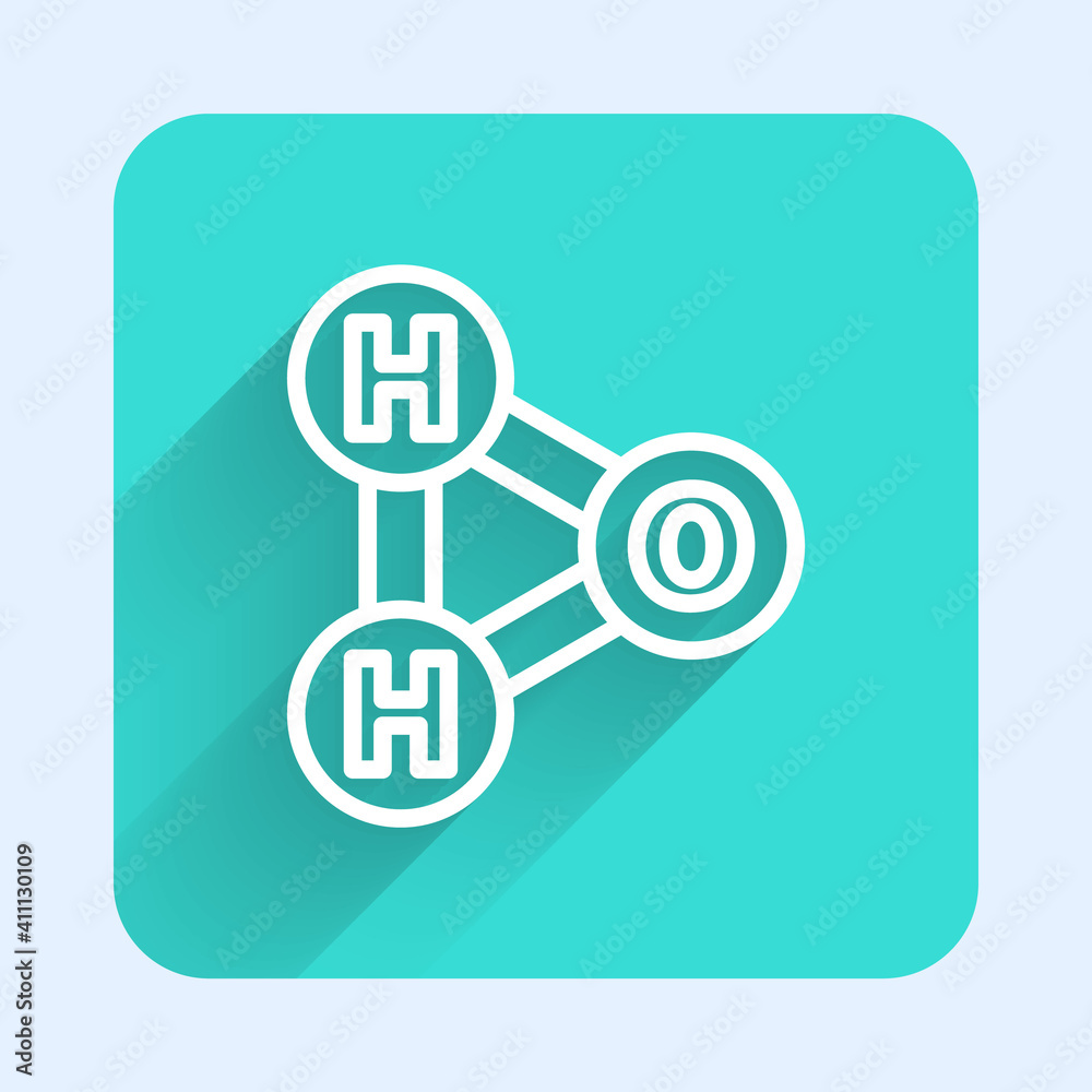 White line Chemical formula for water drops H2O shaped icon isolated with long shadow. Green square button. Vector Illustration. White line Chemical formula for water drops H2O shaped icon isolated with long shadow. Green square button. Vector Illustration.