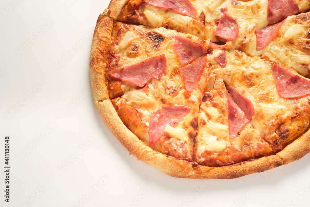 Pizza with ham and cheese isolated on white background. Italian food concept. Appetizing pizza.