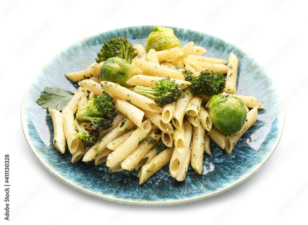 Delicious pasta with vegetables on white background Delicious pasta with vegetables on white background