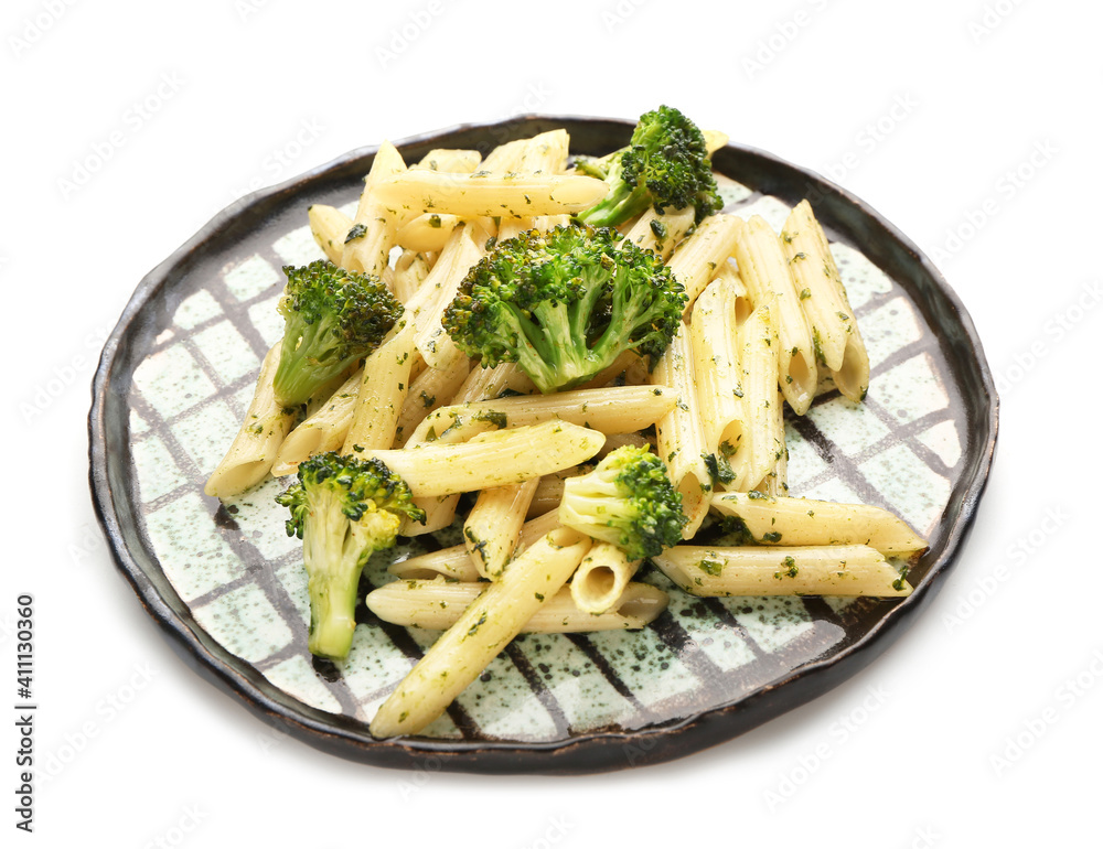 Tasty pasta with broccoli on white background