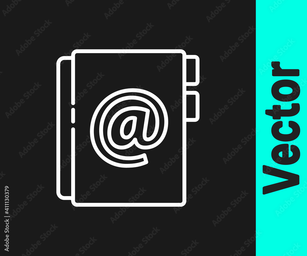White line Address book icon isolated on black background. Notebook, address, contact, directory, phone, telephone book icon. Vector Illustration. White line Address book icon isolated on black background. Notebook, address, contact, directory, phone, telephone book icon. Vector Illustration.