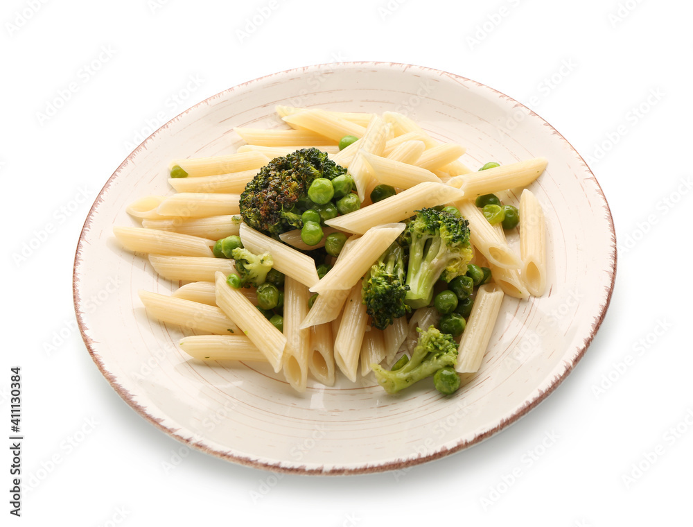 Tasty pasta with broccoli and peas on white background Tasty pasta with broccoli and peas on white background