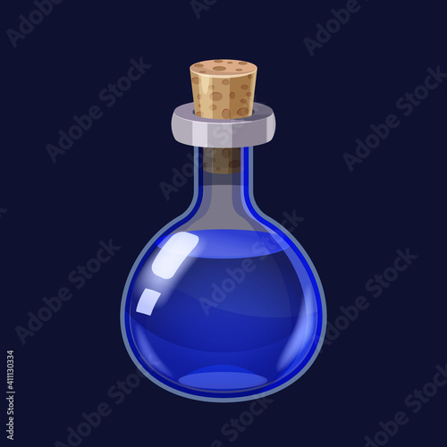 Bottle with liquid blue potion magic elixir game icon GUI. Vector illstration for app games user interface