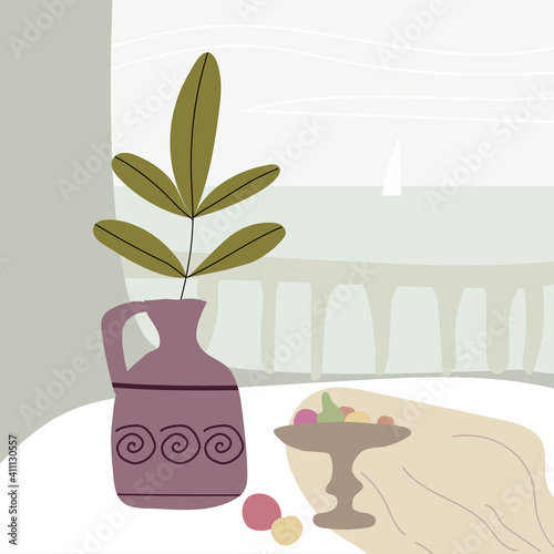 Still life abstract contemorary minimalism. Vase flora intreior abstract elements shapes. Modern poster