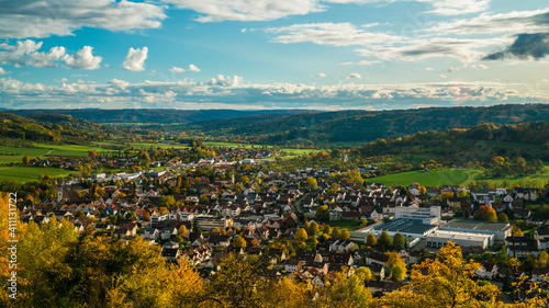 Obraz na płótnie Germany, Aerial wide view above houses of city rudersberg in wieslauf valley surrounded by swabian forest nature landscape in autumn w salonie