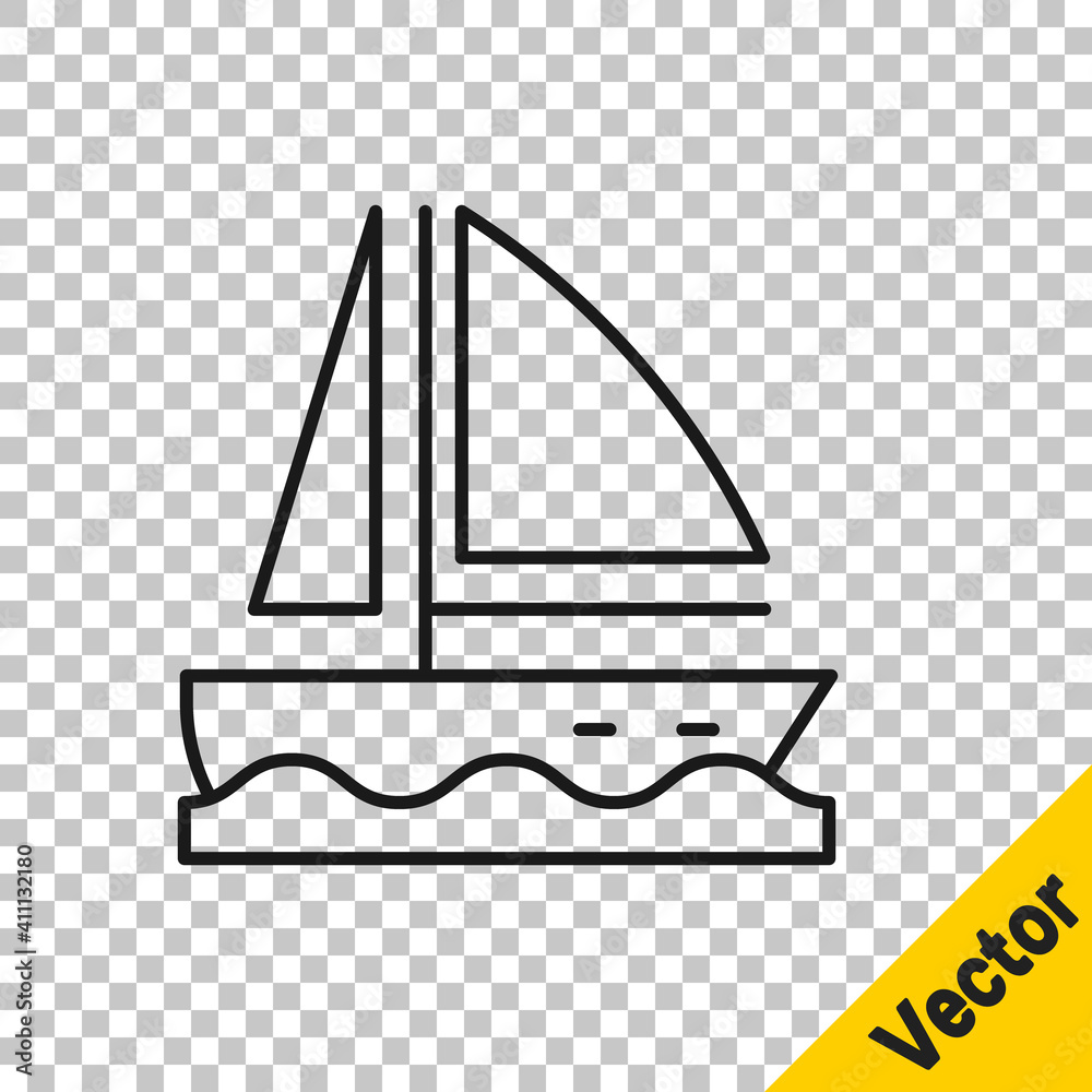 Black line Yacht sailboat or sailing ship icon isolated on transparent background. Sail boat marine cruise travel. Vector. Black line Yacht sailboat or sailing ship icon isolated on transparent background. Sail boat marine cruise travel. Vector.
