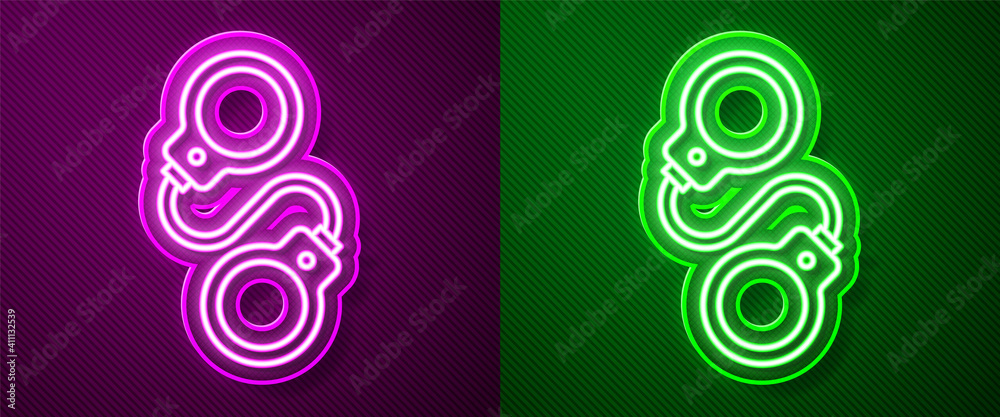 Glowing neon line Handcuffs icon isolated on purple and green background. Vector.