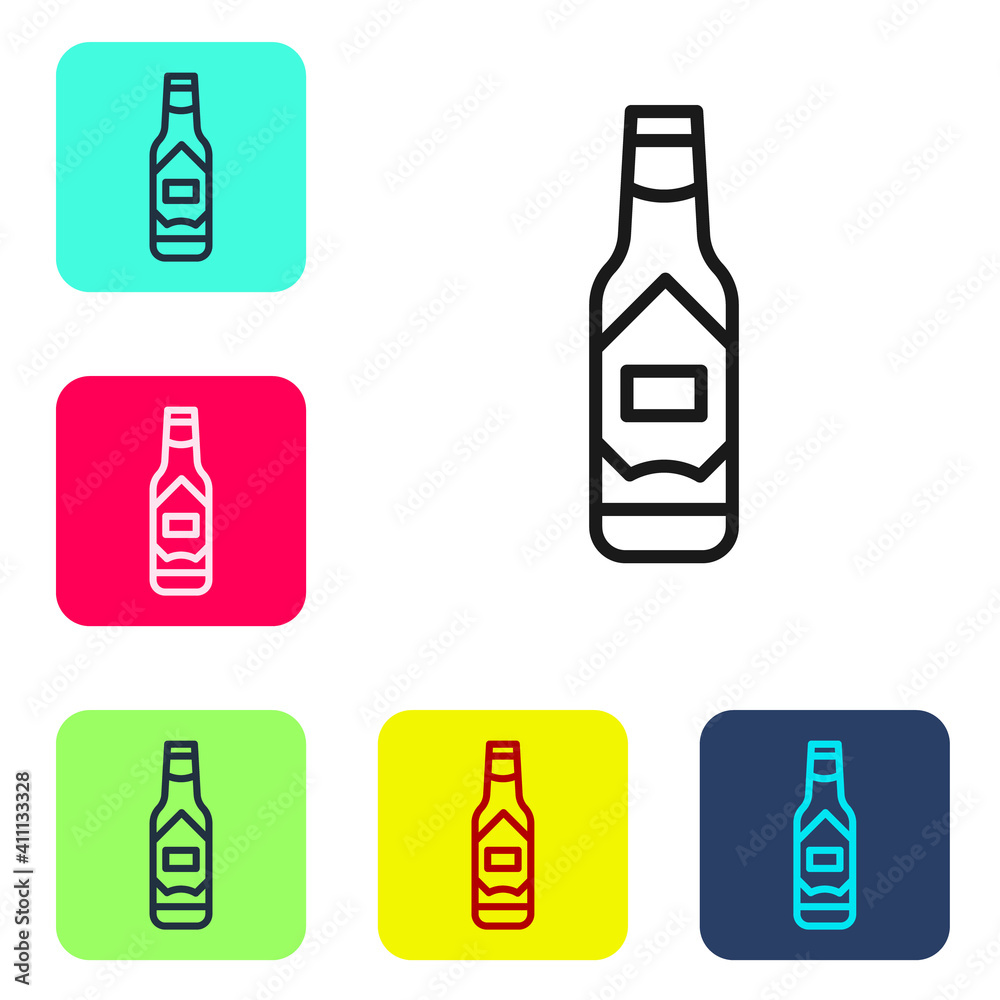 Black line Tabasco sauce icon isolated on white background. Chili cayenne spicy pepper sauce. Set icons in color square buttons. Vector. Black line Tabasco sauce icon isolated on white background. Chili cayenne spicy pepper sauce. Set icons in color square buttons. Vector.