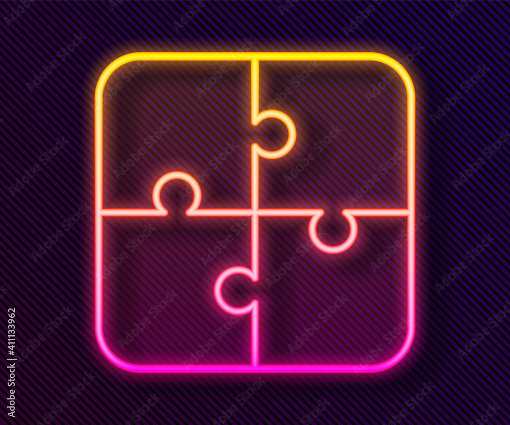 Glowing neon line Puzzle pieces toy icon isolated on black background. Vector. Glowing neon line Puzzle pieces toy icon isolated on black background. Vector.
