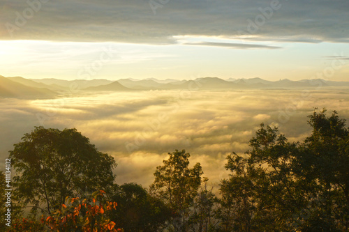 Landscape Mountains with mist fog  in the morning - nature scenery from  Phuthok Chaing Khan Loei Thailand  ,Tourism and travel concept image, Fresh and relax type nature image background  