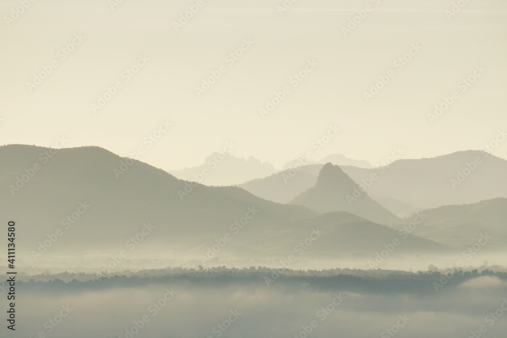Landscape Mountains with mist fog  in the morning - nature scenery from  Phuthok Chaing Khan Loei Thailand  ,Tourism and travel concept image, Fresh and relax type nature image background  