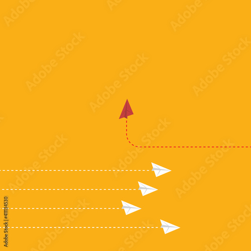 Think differently concept. Red airplane changing direction. Vector illustration.