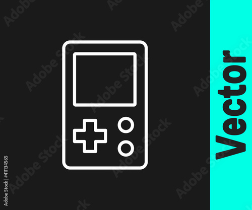 White line Portable tetris electronic game icon isolated on black background. Vintage style pocket brick game. Interactive playing device. Vector.