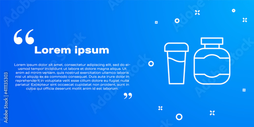 White line Sports nutrition bodybuilding proteine power drink and food icon isolated on blue background. Vector.