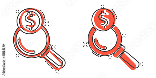 Magnifier glass with money icon in comic style. Dollar search cartoon vector illustration on white isolated background. Financial currency splash effect business concept.