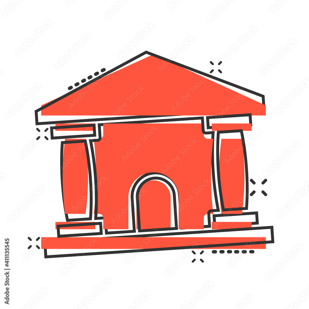 Bank building icon in comic style. Government architecture cartoon vector illustration on white background. Museum exterior splash effect business concept. Bank building icon in comic style. Government architecture cartoon vector illustration on white background. Museum exterior splash effect business concept.