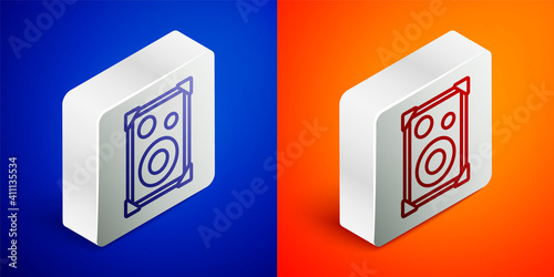 Isometric line Stereo speaker icon isolated on blue and orange background. Sound system speakers. Music icon. Musical column speaker bass equipment. Silver square button. Vector.