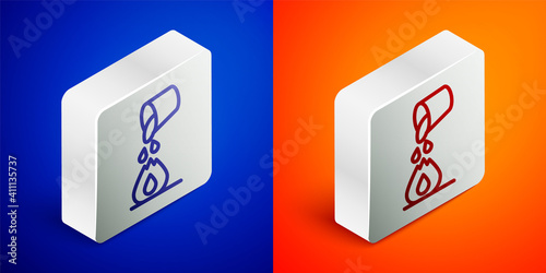 Isometric line Water bucket extinguishing a fire icon isolated on blue and orange background. Silver square button. Vector.