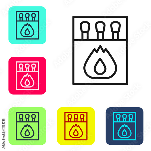 Black line Open matchbox and matches icon isolated on white background. Set icons in color square buttons. Vector.