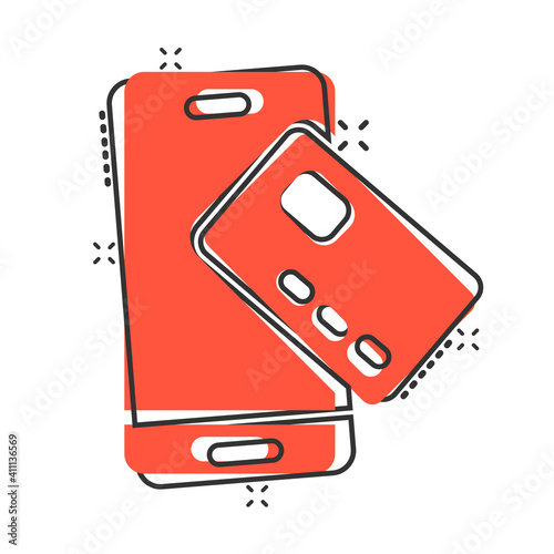 Smartphone paying icon in comic style. Nfc credit card cartoon vector illustration on white isolated background. Banking splash effect business concept.