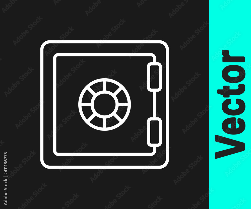 White line Safe icon isolated on black background. The door safe a bank vault with a combination lock. Reliable Data Protection. Vector. White line Safe icon isolated on black background. The door safe a bank vault with a combination lock. Reliable Data Protection. Vector.