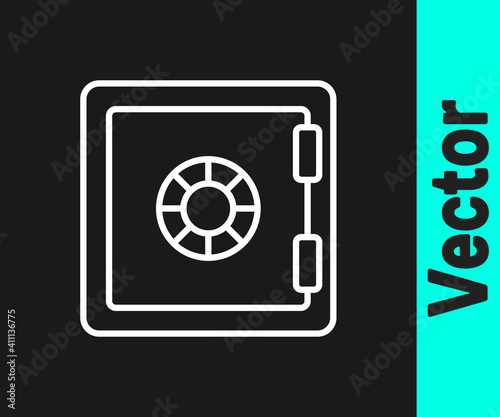White line Safe icon isolated on black background. The door safe a bank vault with a combination lock. Reliable Data Protection. Vector.