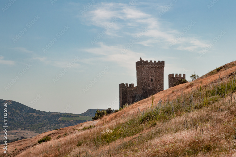 Tower of Soldaia Castle in Crimea is medieval Genoese fortress near the Black Sea, popular attraction among tourists