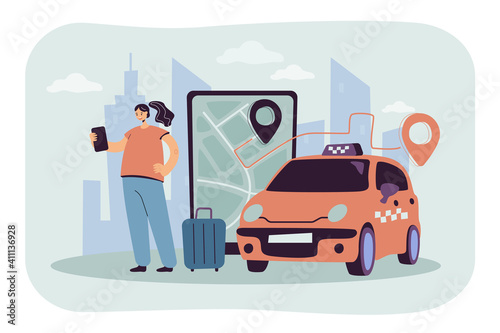 Person ordering cab to airport online. Big screen with route on city map, taxi car, passenger with luggage. Vector illustration for travel, transportation, transport service concept