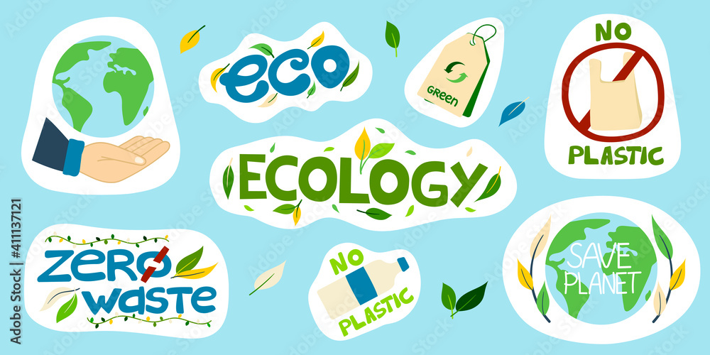 A set of vector environmental stickers with inscriptions, no plastic, save the planet, ecology, eco, zero waste, isolated elements. Vector illustration of environmental problems
