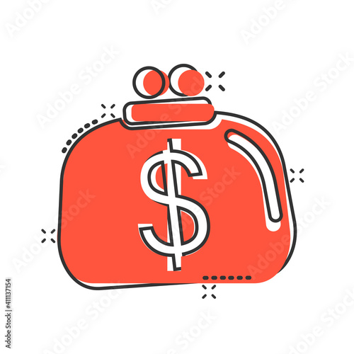 Wallet icon in comic style. Purse cartoon vector illustration on white isolated background. Finance bag splash effect business concept.