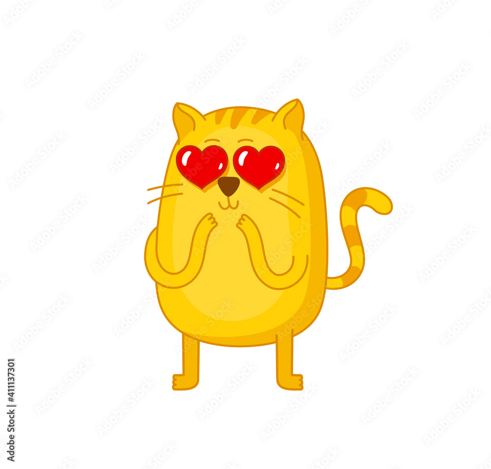 Cat in love. Heart in eyes. Ginger cat. Mascot character. Friendly friendship. Cartoon vector.