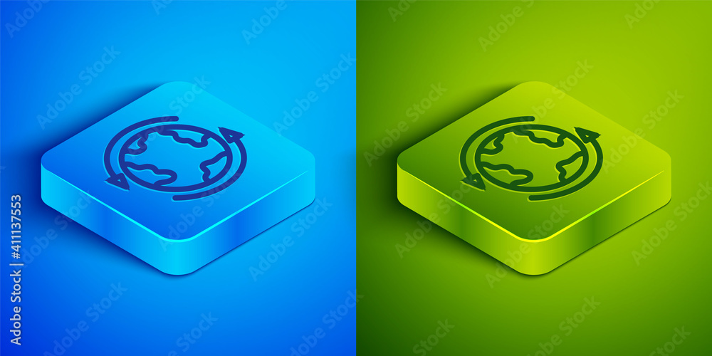 Isometric line Worldwide icon isolated on blue and green background. Pin on globe. Square button. Vector. Isometric line Worldwide icon isolated on blue and green background. Pin on globe. Square button. Vector.