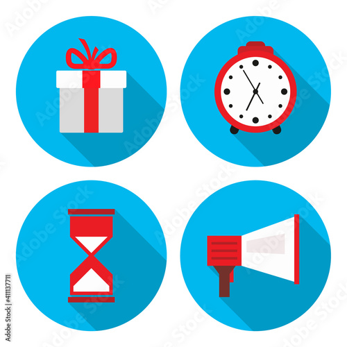 Set of 2D icons in a circle, promotion, report, discount, box, gift, bonus, shop, purchase, watch, time, hourglass-02