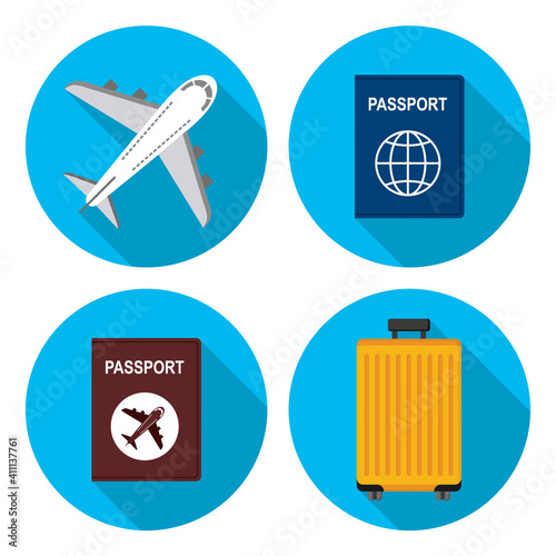 A set of 2D icons in a circle, flight, plane, suitcase, passport, tourist, vacation, business trip-01.