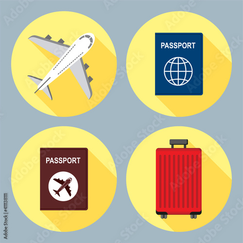 A set of 2D icons in a circle, flight, plane, suitcase, passport, tourist, vacation, business trip-02.