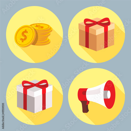 Set of 2D and 3D icons in a circle, money, gold coins, promotion, report, discount, box, gift, bonus, shop, shopping-01.