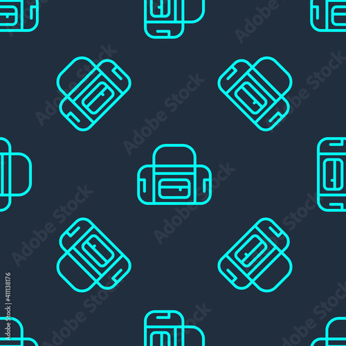 Green line Sport bag icon isolated seamless pattern on blue background. Vector. © Kostiantyn