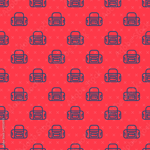 Blue line Sport bag icon isolated seamless pattern on red background. Vector.