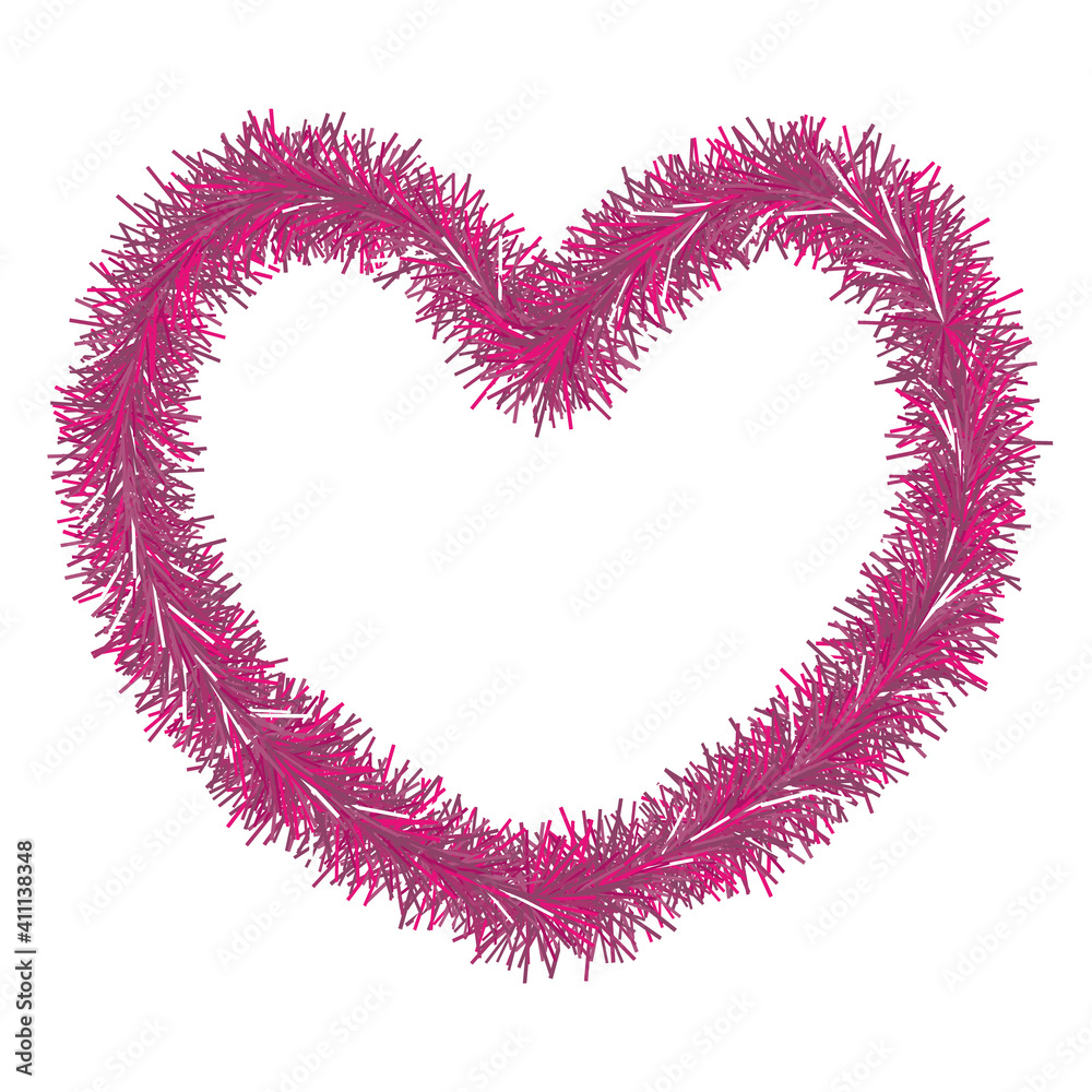 Heart. Plush love symbol made of tinsel. Colored vector illustration. Isolated white background. Valentines Day. Cute fluffy pink heart. Frame. Idea for web design, banner, invitation, postcard. Heart. Plush love symbol made of tinsel. Colored vector illustration. Isolated white background. Valentines Day. Cute fluffy pink heart. Frame. Idea for web design, banner, invitation, postcard.