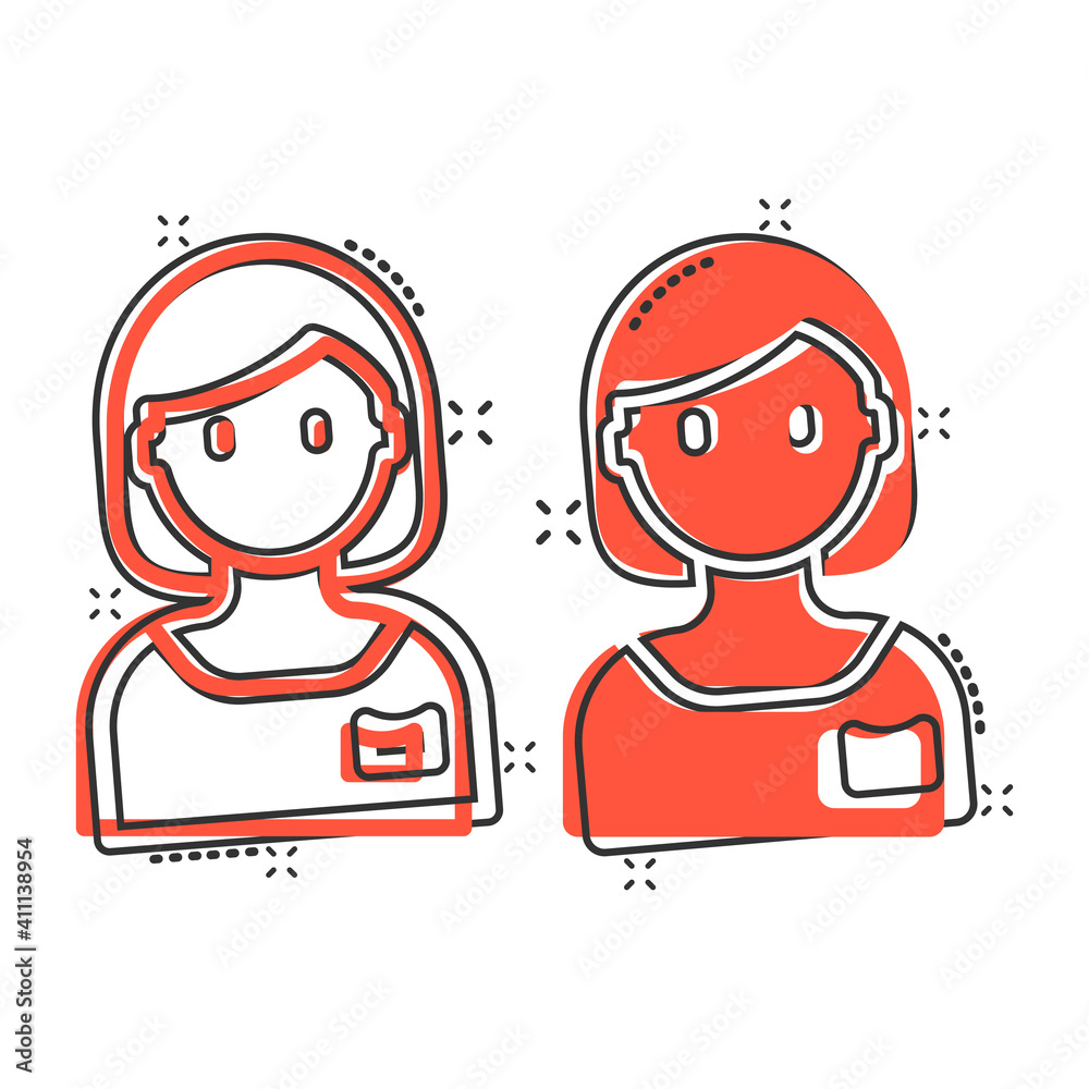 Woman face icon in comic style. People cartoon vector illustration on white background. Partnership splash effect business concept. Woman face icon in comic style. People cartoon vector illustration on white background. Partnership splash effect business concept.