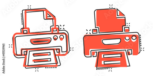 Office printer icon in comic style. Fax cartoon vector illustration on white isolated background. Text printout splash effect business concept.