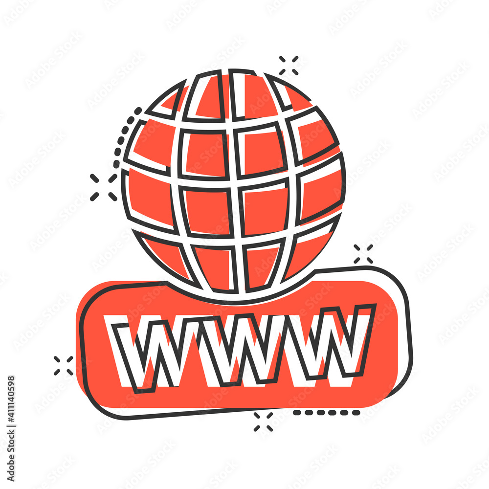 Global search icon in comic style. Website address cartoon vector illustration on white isolated background. WWW network splash effect business concept.