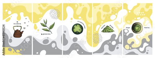 Vector illustration abstract creative set with green matcha tea. Hand-drawn icons set on spotty, fluid background. Simple, stylish template for social networks cafe and matcha tea product.