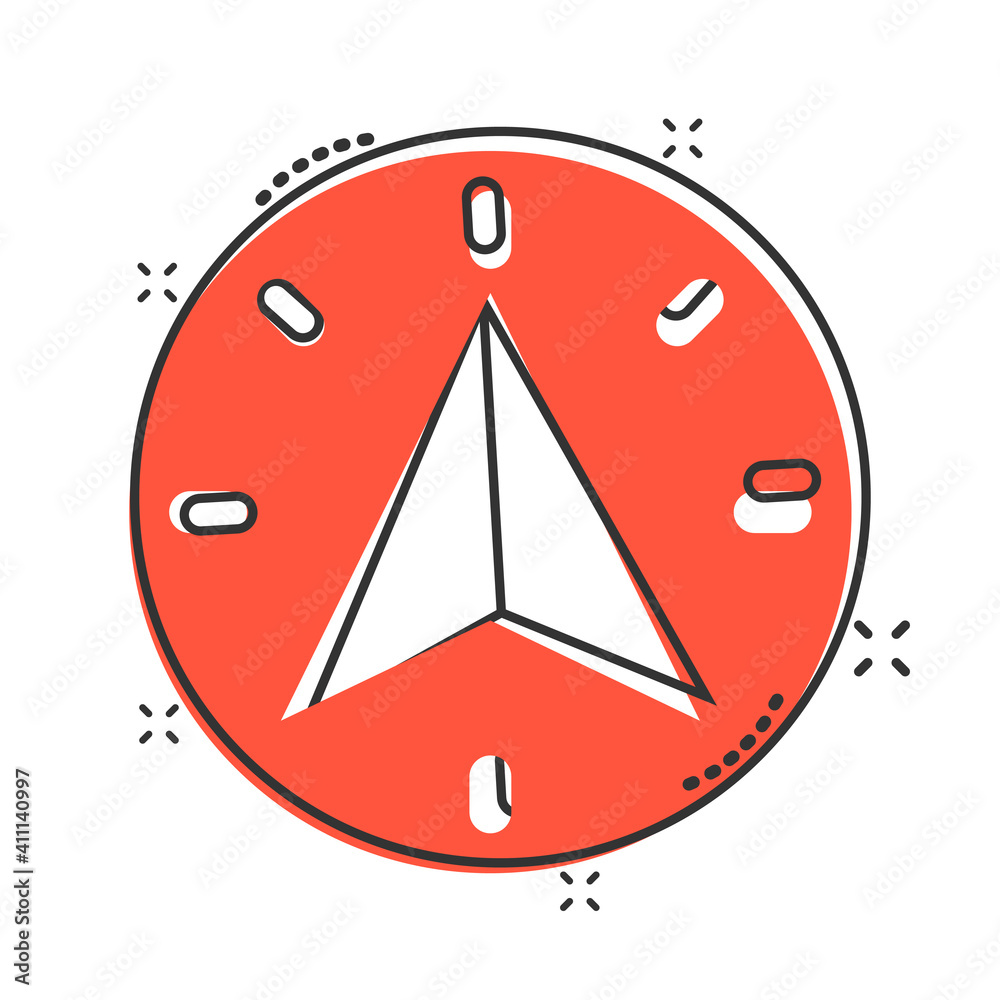 Compass icon in comic style. Navigation equipment cartoon vector illustration on white isolated background. Journey direction splash effect business concept.