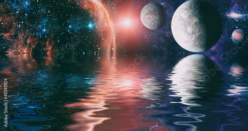 Beautiful unusual space planet in space reflected in water, galaxy stars night sky ,Elements of this Image Furnished by NASA ,