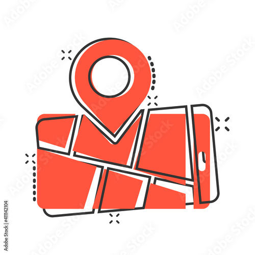 Smartphone map icon in comic style. Mobile phone gps navigation cartoon vector illustration on white isolated background. Locate pin position splash effect business concept.