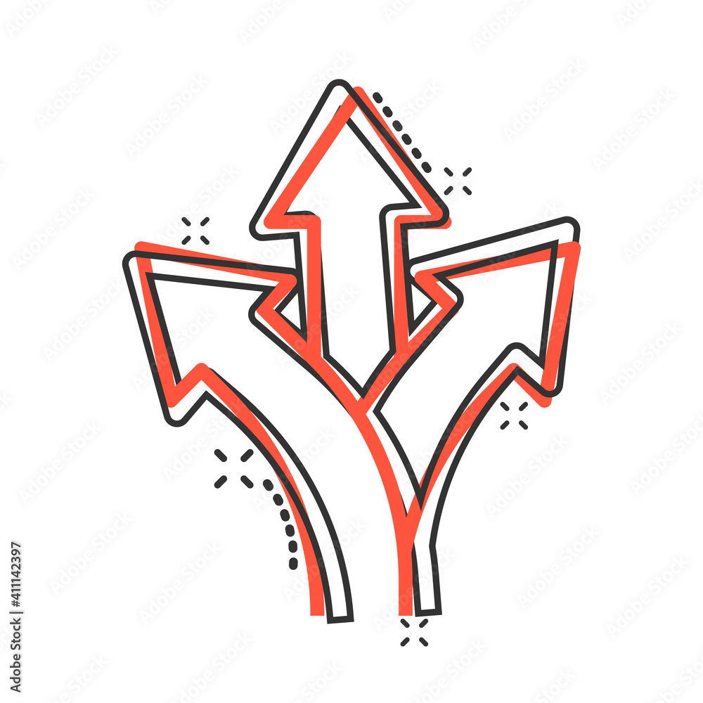 Crossroad icon in comic style. Road direction navigation cartoon vector illustration on white isolated background. Locate pin position splash effect business concept. Crossroad icon in comic style. Road direction navigation cartoon vector illustration on white isolated background. Locate pin position splash effect business concept.
